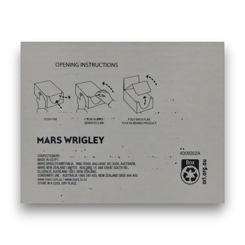 Rear view of Bounty Milk Chocolate Bars display box showing opening instructions and Mars Wrigley packaging details.