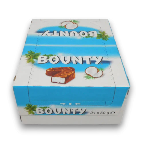 Side angle of Bounty Milk Chocolate Bars retail display unit with coconut milk chocolate branding at The Professors Online Lolly Shop.
