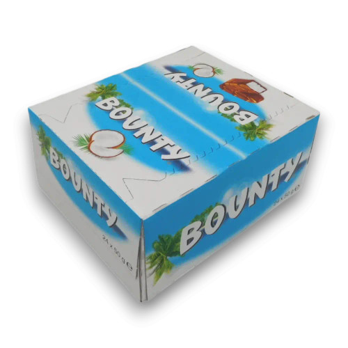Bounty chocolate bar display carton with tropical coconut imagery and 24 x 50g packs at The Professors Online Lolly Shop.