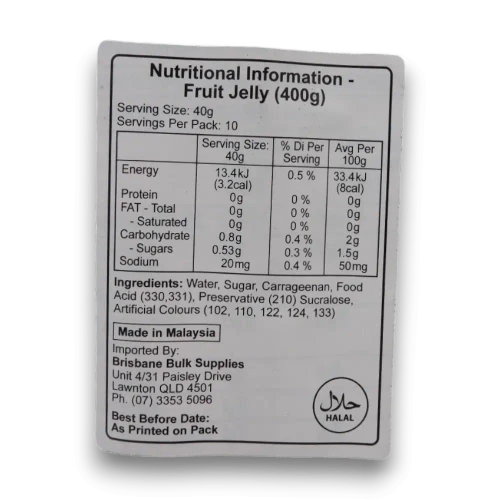 Nutritional information of Sunfruit - Jelly Stick - Delicious Fruit (400g bag | 10 x 40g pcs).