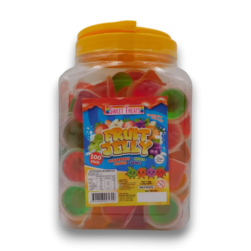 Sweet Treats Fruit Jelly Cups tub with 100 x 15g assorted fruit jelly cups, packed in a clear plastic container at The Professors.