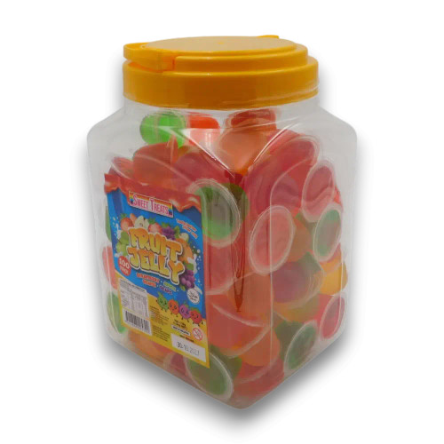 Sweet Treats Fruit Jelly Cups 100 pack showing mixed coloured jelly cups in a large plastic tub, available at The Professors.