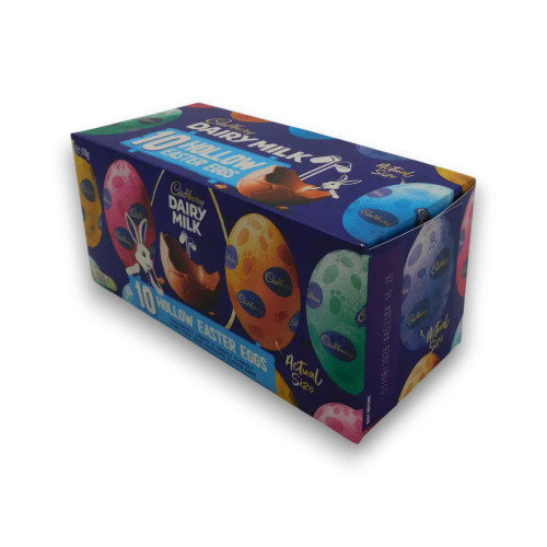 Cadbury Dairy Milk Assorted Hollow Easter Eggs 170g gift box showing 10 x approx 17g eggs, available at The Professors Online Lolly Shop.