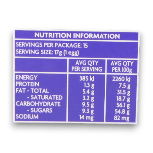 Nutritional information of Cadbury Dairy Milk Assorted Hollow Easter Eggs 255g box, available at The Professors Online Lolly Shop.