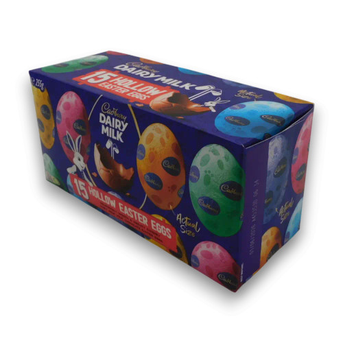 Cadbury Dairy Milk Assorted Hollow Easter Eggs 255g gift box showing 15 x approx 17g eggs, available at The Professors Online Lolly Shop.