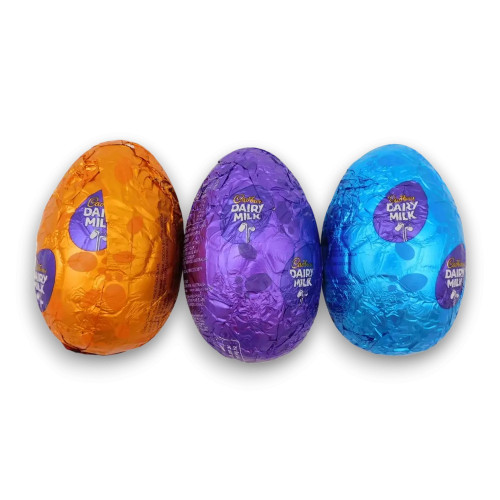 Cadbury Dairy Milk Hollow Easter Egg 50g wrapped in orange, purple, and blue foil.