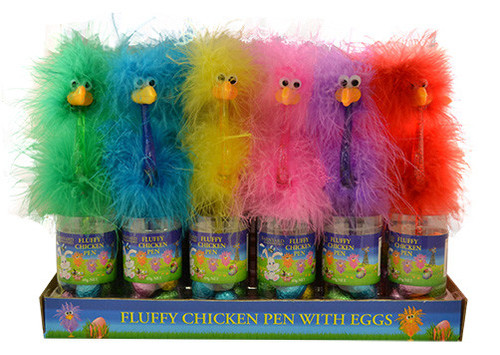 Fluffy Chicken Pen with Easter Eggs – 24-piece box featuring colourful novelty pens with feathered chickens and foil-wrapped chocolates