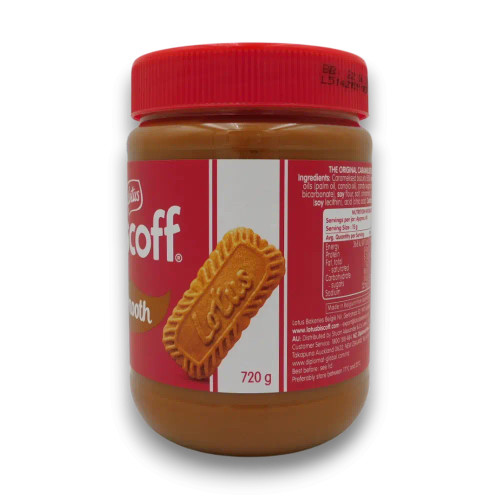 Lotus Biscoff Smooth Spread 720g jar with creamy biscuit spread texture, available at The Professors Online Lolly Shop