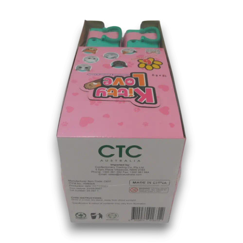 Back view of Kidsmania Kitty Love candy surprise display unit with collectible kitty figures and candy inside, 12 x 8g packs.