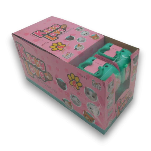 Kidsmania Kitty Love display unit with 12 collectible kitty carrier candy surprises, 8g each, novelty toy candy packs at The Professors.