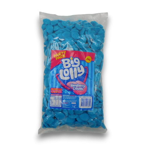 Big Lolly Blueberry Clouds 2kg bulk bag showcasing soft blueberry-flavoured cloud lollies, available at The Professors Online Lolly Shop.