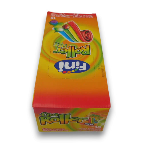 Fini Roller Fizz Rainbow Flavour display unit highlighting branded packaging and product details, available at The Professors.