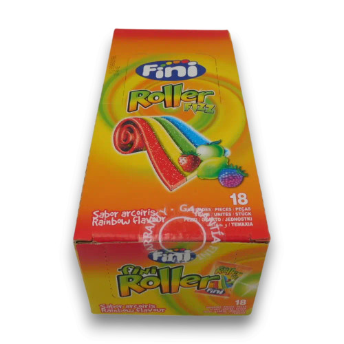 Fini Roller Fizz Rainbow Flavour display box showing rainbow sour roll candy packs, 18 x 20g units at The Professors.