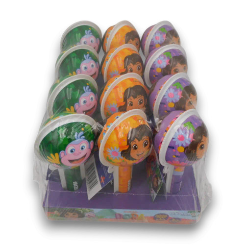 Dora the Explorer Surprise Pop swirl lollipops in a 12 pack display tray, kids novelty sweets, available at The Professors
