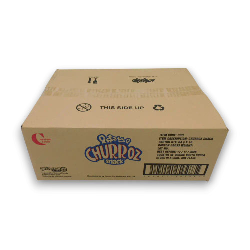 Churroz Snack wholesale carton with product and handling details, available at The Professors Online Lolly Shop.
