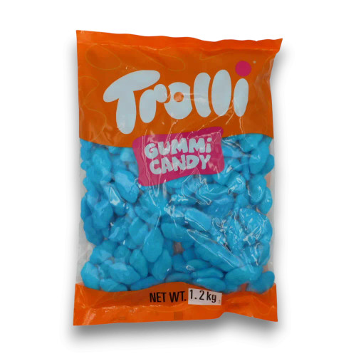Trolli Blue Raspberry Clouds 1.2kg bulk bag showing blue cloud-shaped gummy candy, available at The Professors Online Lolly Shop.