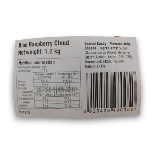 Nutritional information of Trolli - Blue Raspberry Clouds (1.2kg bag).