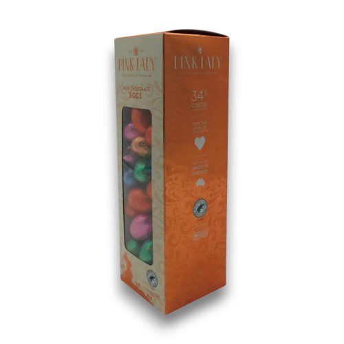 Pink Lady Solid Milk Chocolate Easter Eggs 500g gift box left side angle with foil-wrapped eggs visible, available at The Professors Online Lolly Shop.