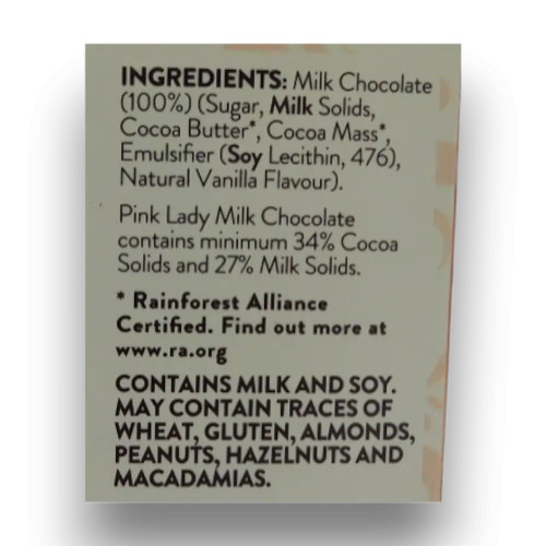 Pink Lady Solid Milk Chocolate Easter Eggs 500g gift box ingredients panel, available at The Professors Online Lolly Shop.