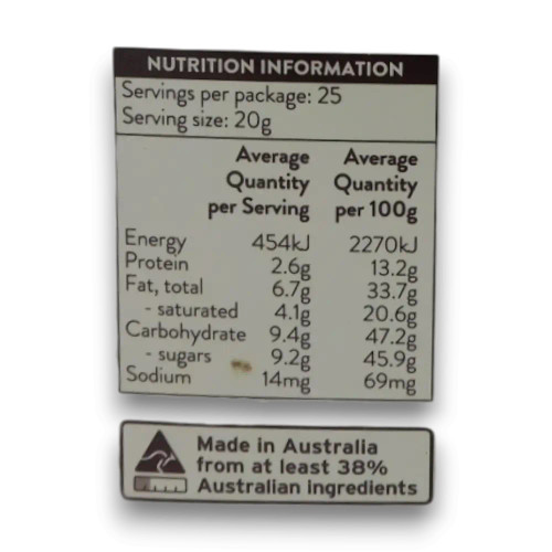 Pink Lady Solid Milk Chocolate Easter Eggs 500g gift box nutrition information panel, available at The Professors Online Lolly Shop.