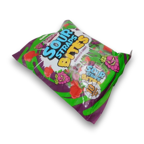Angled left view of Lolliland Halloween Sour Straps Bites bag with purple, green and spooky grape graphics