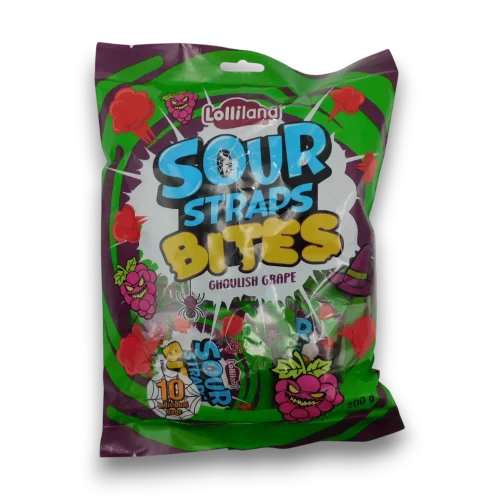 Front of Lolliland Halloween Sour Straps Bites 200g bag with ten individually wrapped Ghoulish Grape packs