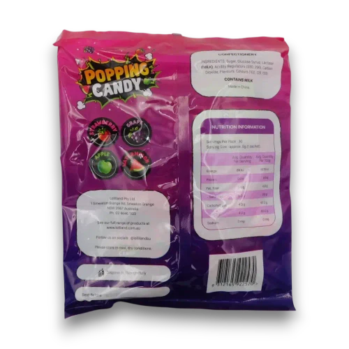 Back of Lolliland Popping Candy 150g bag showing four fruit flavours and details for approximately 30 sachets