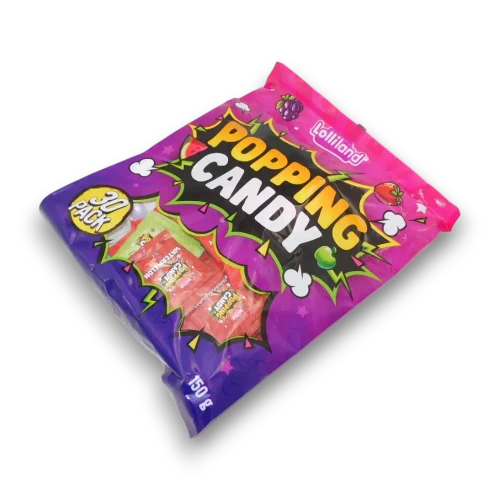 Angled right view of Lolliland Popping Candy bag with strawberry, grape, apple and watermelon sachets inside