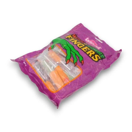 Angled right view of Lolliland Witch and Zombie Finger Lollipops 300g bag showing the assorted wrapped pieces