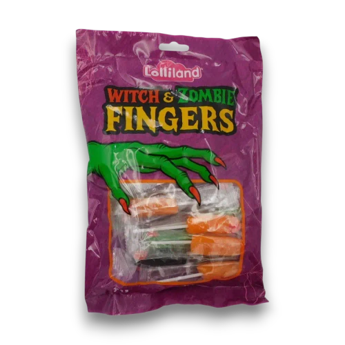 Front of Lolliland Witch and Zombie Finger Lollipops 300g bag showing individually wrapped finger-shaped pops