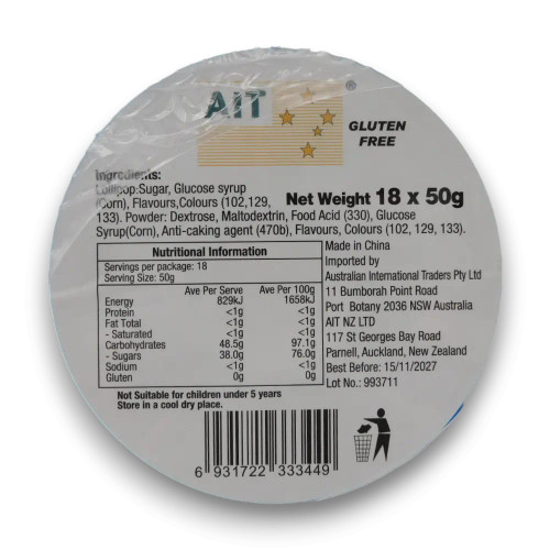 Nutritional information of AIT - Dino Pop Candy (Display unit | 18 x 50g pcs).