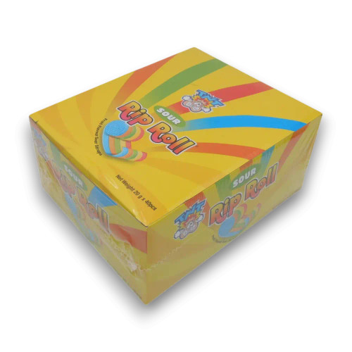 Right side angle of TNT Rip Roll Sour Straps display unit box with 40 x 20g fruit flavour sour strap candy packs.