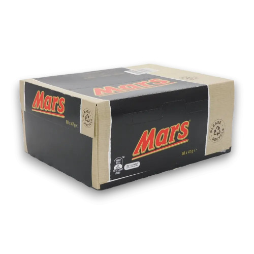 Mars Bar 50 x 47g box, perfect for retail or personal use, available at The Professors Online Lolly Shop.