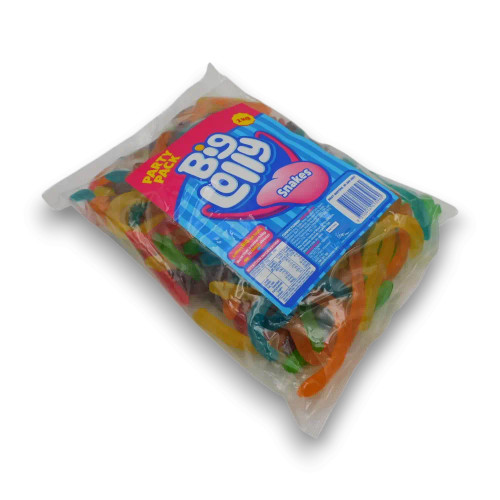 Big Lolly Snakes 2kg party pack showing colourful gummy snake lollies inside the bag, available at The Professors