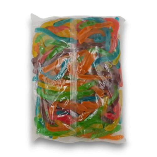 Big Lolly Snakes 2kg party pack showing colourful gummy snake lollies inside the bag, available at The Professors