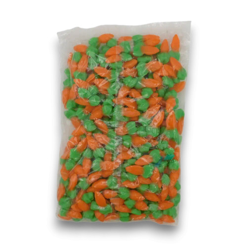 Juicy Jelly Gummy Carrots 1kg bag with orange and green gummies at The Professors Online Lolly Shop.