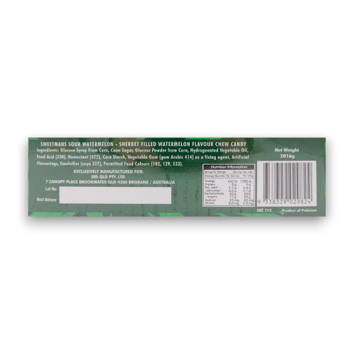 Nutritional information of Sweetmans - Zombie Chews - Mega Size - Sour Watermelon (Display unit | 72 x 28g bars).