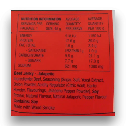 Jack Link’s Jalapeño Beef Jerky 45g pack nutrition panel close-up, product information at The Professors Online Lolly Shop.