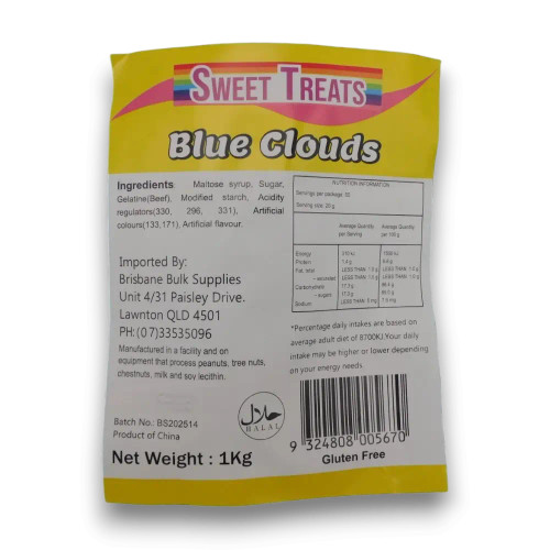 Nutritional information of Sweet Treats - Blue Clouds (1kg bag | ~130 x 7.7g pcs)