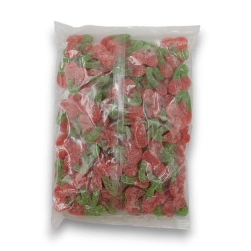 Sour gummy cherry lollies by Sweet Treats in 1kg bulk pack, available at The Professors Online Lolly Shop.