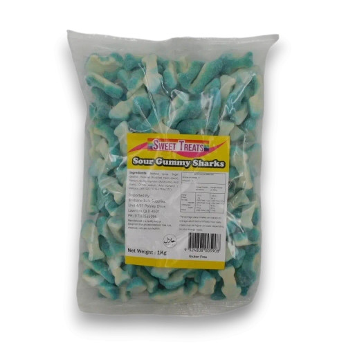 Sweet Treats Sour Gummy Sharks 1kg bulk bag, blue and white shark shaped sour lollies, available at The Professors