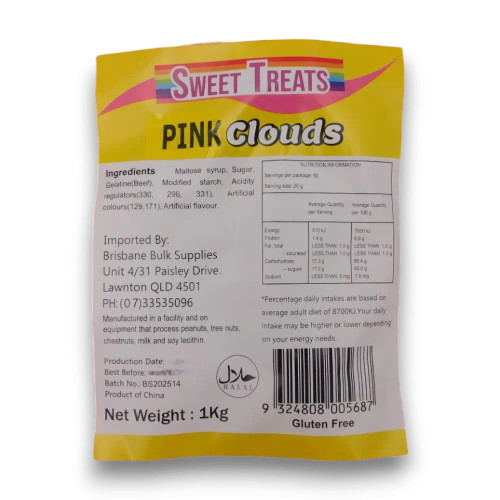 Nutritional information of Sweet Treats - Pink Clouds (1kg bag | ~130 x 7.7g pcs)