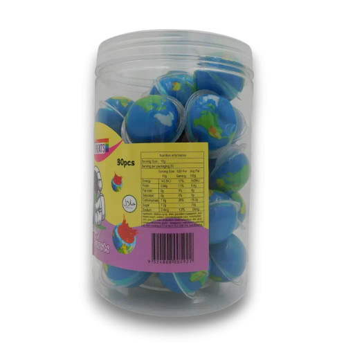 Sweet Treats gummy earth bursts individually packed novelty lollies in display jar, available at The Professors