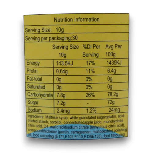 Nutritional information of Sweet Treats - Gummy Eyes Bursts (Display unit | 30 x 10g pcs).