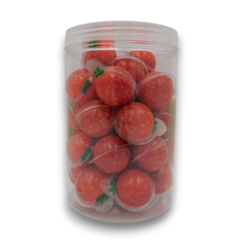 Sweet Treats gummy strawberry bursts novelty lollies in 300g tub display packaging, available at The Professors Online Lolly Shop.