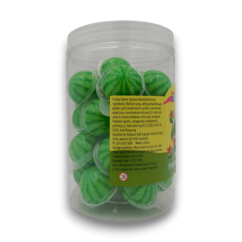 Sweet Treats Gummy Watermelon Bursts 300g tub showing green watermelon-look gummy pieces in individual clear plastic holders