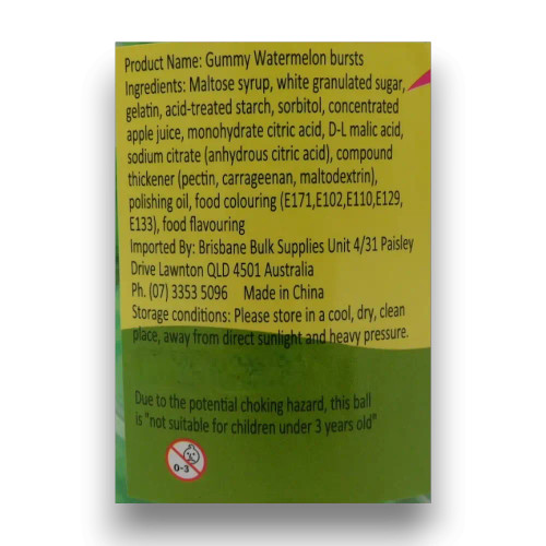 Ingredients list of Sweet Treats - Gummy Watermelon Bursts (Display unit | 30 x 10g pcs)