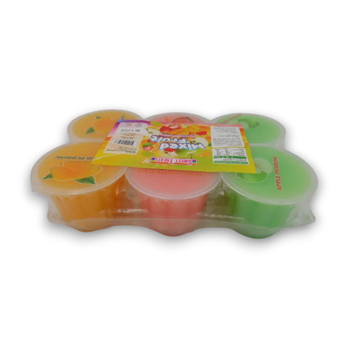 Assorted fruit pudding cups by Sweet Treats in 6 x 120g packaging, ready for display or sale, available at The Professors