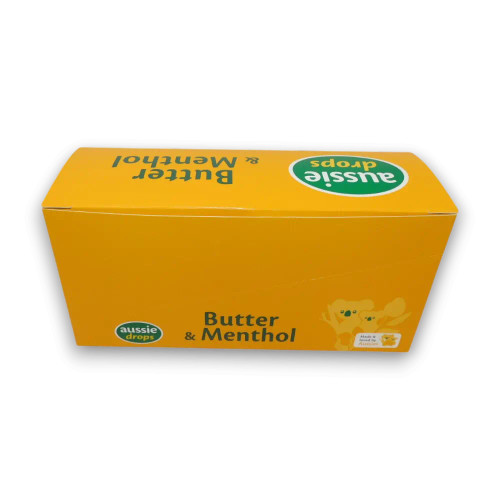 Aussie Drops Butter and Menthol lozenges 70g bags in 12 pack display, eucalyptus flavoured sweets from The Professors Online Lolly Shop.
