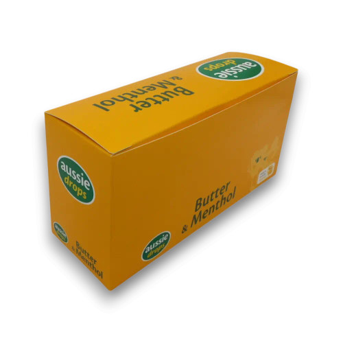 Aussie Drops Butter and Menthol individually wrapped eucalyptus lozenges in display unit from The Professors Online Lolly Shop.